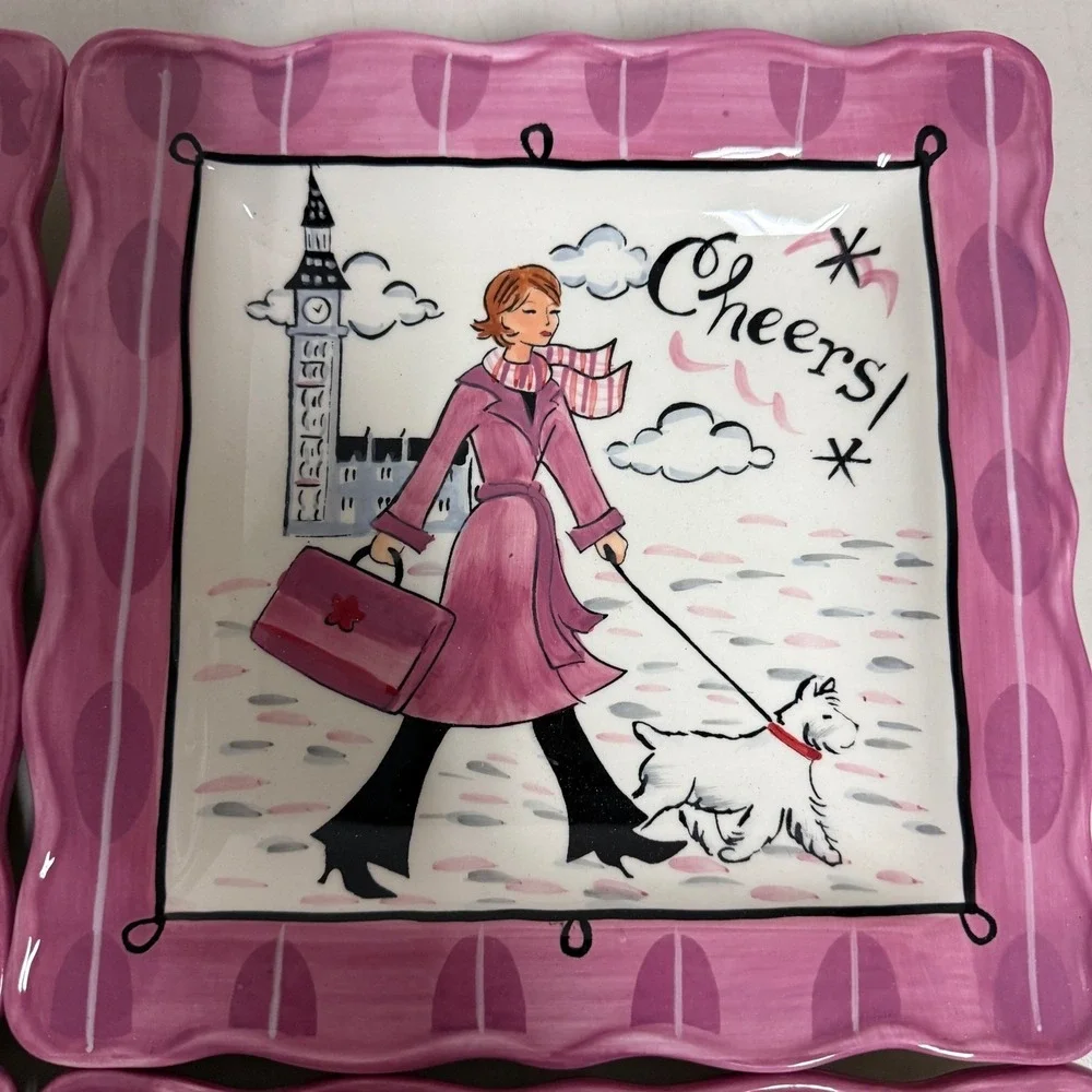 Jennifer Brinley Certified International Pink Square Appetizer Plates (4) Travel